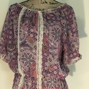 Floral Paisley Top Sheer Lace Elastic Boho Sz M